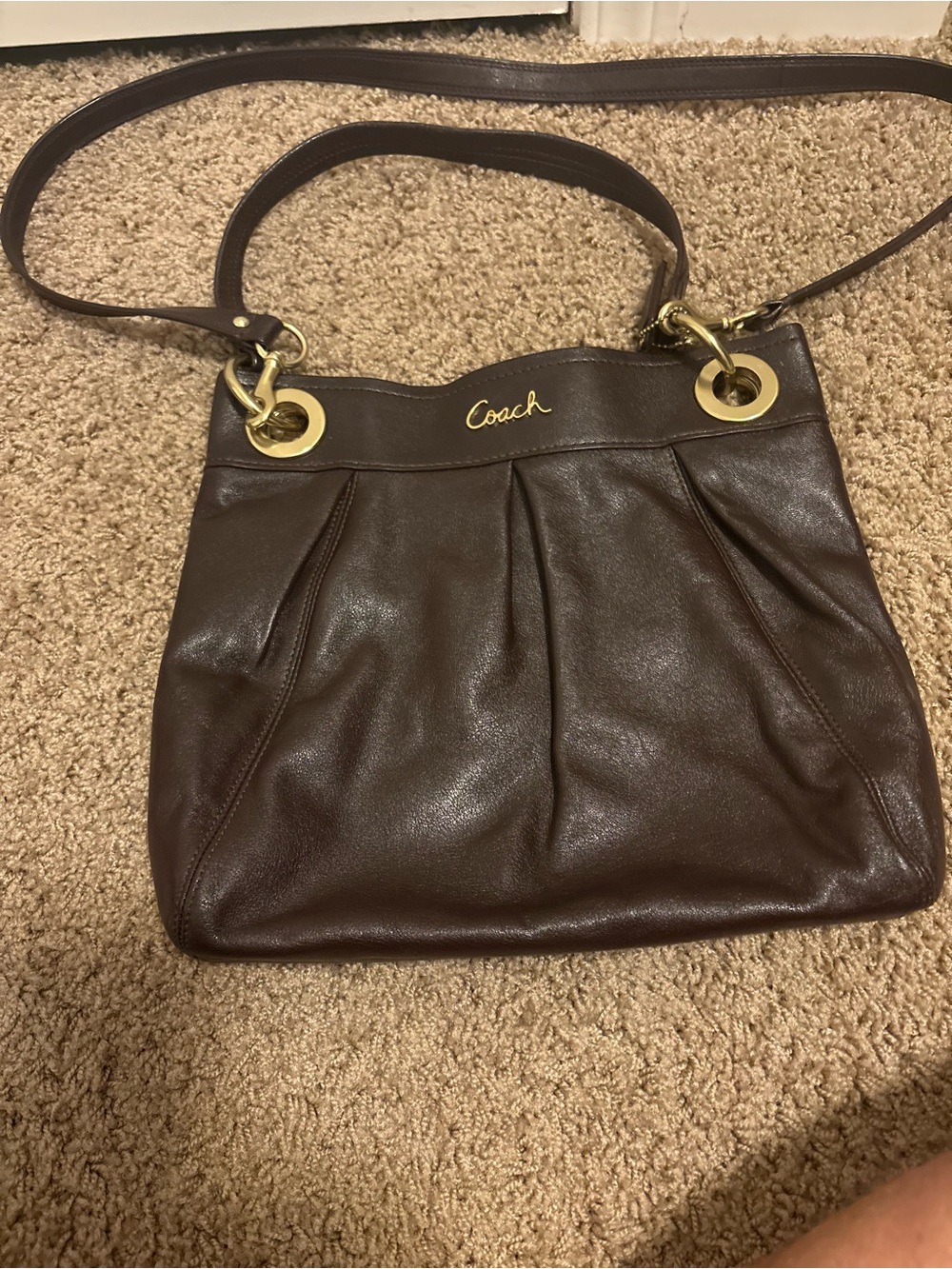 Coach Dark Brown Leather Shoulder Bag with Gold Hardware